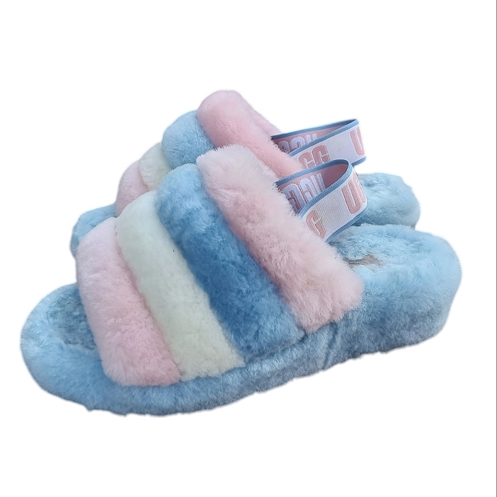 UGG Fluffy Striped Slippers Icy Pink And Blue